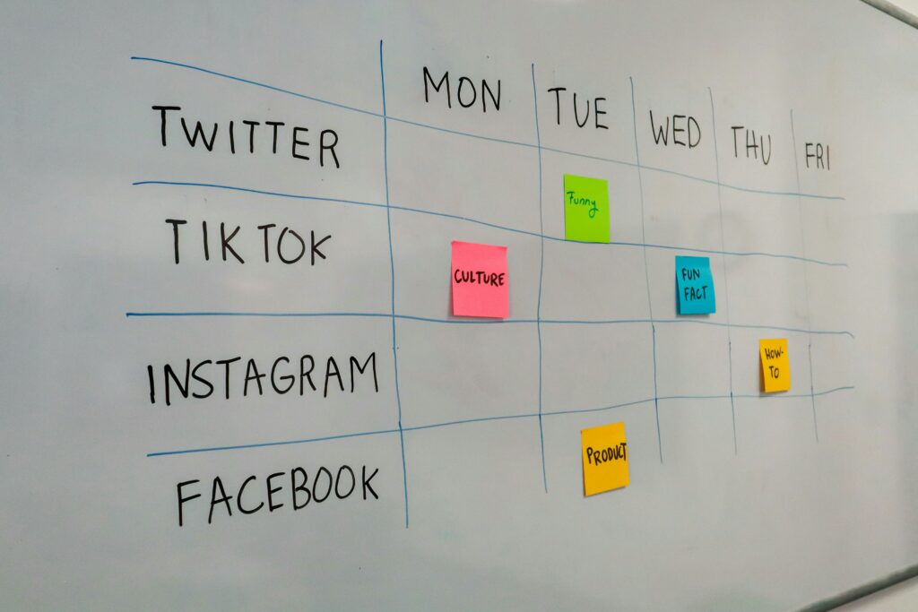 Whiteboard chart outlines weekly social plan for Twitter, TikTok, Instagram, Facebook; color notes mark SMM, SEO posts by day.
