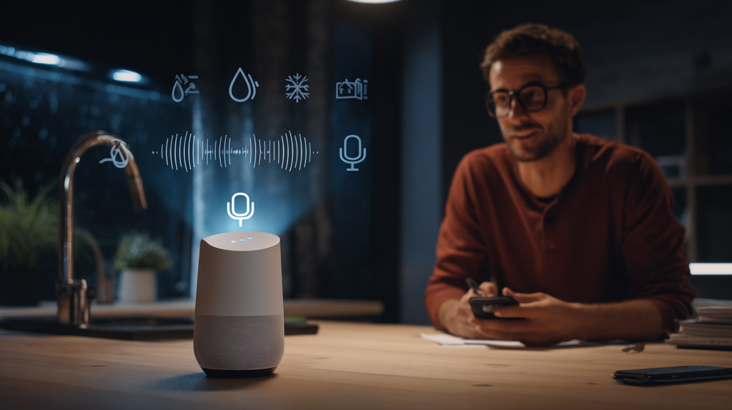 A man uses his smartphone at a kitchen counter as a smart speaker activates voice search for home service businesses nearby.