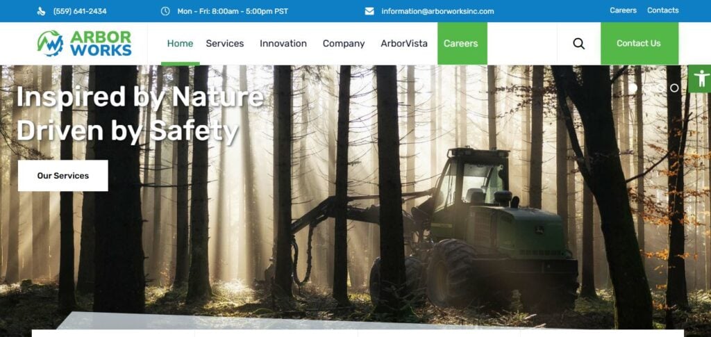Green forestry machine works in tall, sunlit forest. Arbor Works logo, menu, contact info, and safety banner on Hook Agency site.