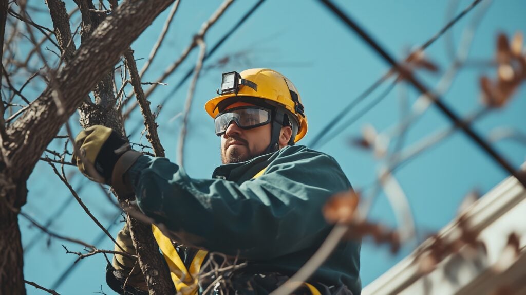Tree service professional in yellow hard hat, goggles, and gloves trims tree branches safely—showcasing trusted expert care.