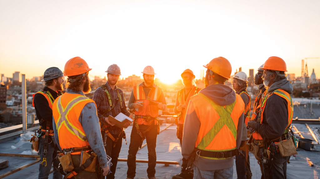 Construction team and contractor in safety gear review roofing plans on a rooftop at sunset with city skyline behind them.