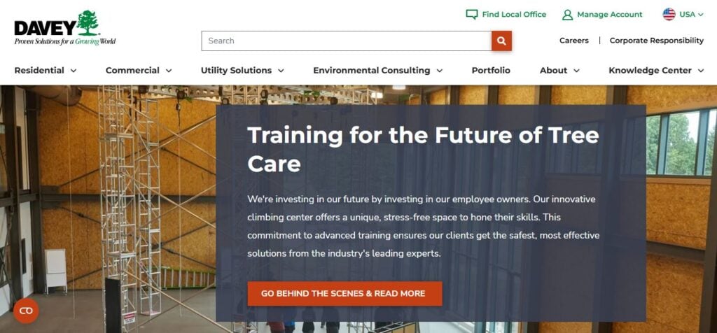 Davey's "Training for the Future of Tree Care" banner with indoor climbing, highlighting 2025 hiring and key site sections.