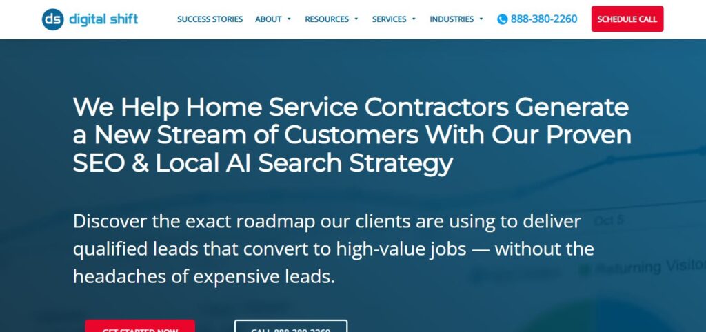 Screenshot of Digital Shift homepage on Hook Agency’s site: blue header, menu, CTAs, headline for contractors. 2025 Guide shown.