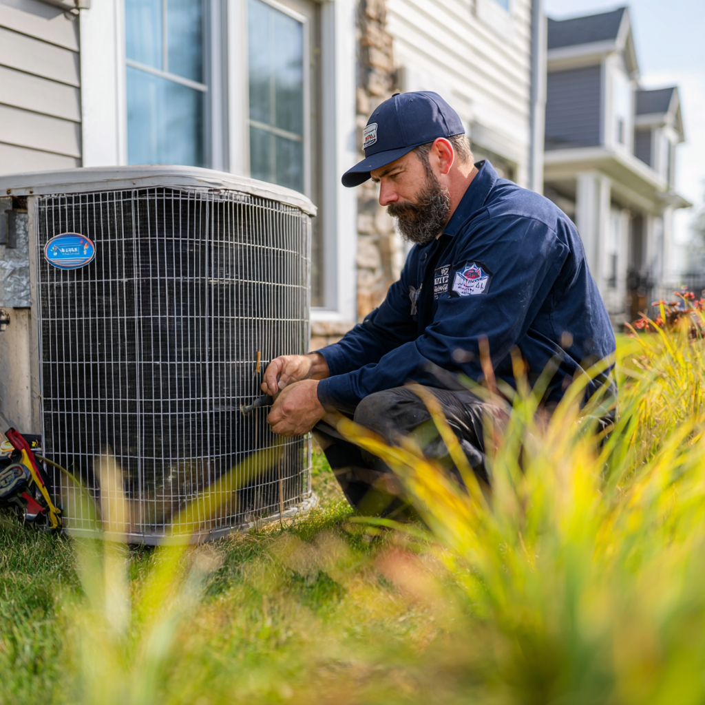 Professional technician in uniform repairs AEO air conditioning unit outside a home, tools nearby on green grass.