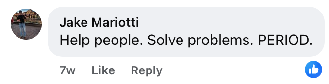 Jake Mariotti’s Facebook comment—“Help people. Solve problems. PERIOD.”—gets a thumbs up on Hook Agency's roofing roundup.