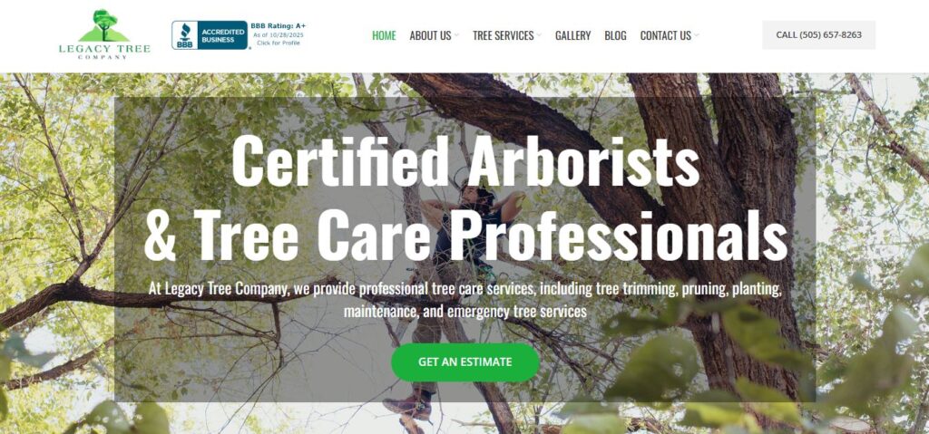 Certified arborist in safety gear climbs a large tree; bold text, service options, "Get An Estimate" button, and logo shown.