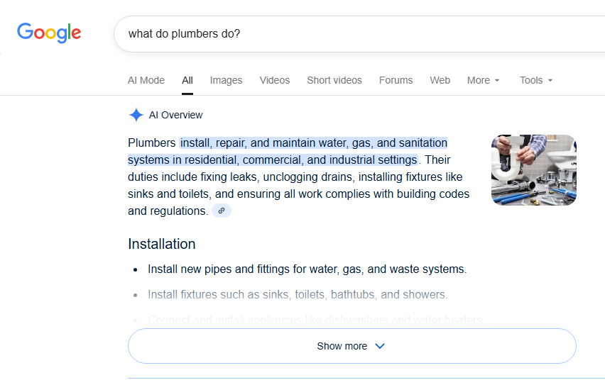 Google results for "what do plumbers do?" display a snippet on plumbing services, plus an image of a plumber with tools.