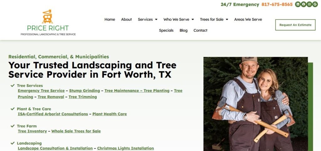 Screenshot of Hook Agency's landscaping client site with a smiling couple, top service details, contact info, and 2025 hiring appeal.