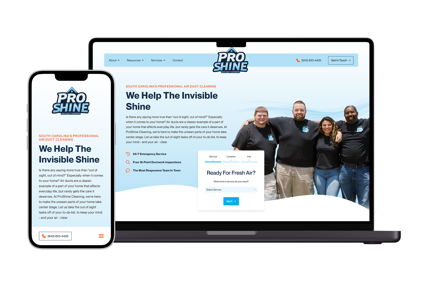Smartphone and laptop show Pro Shine’s homepage with team in matching shirts, promoting SC air duct cleaning services.