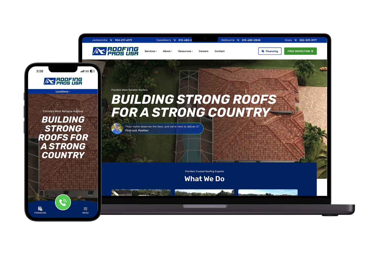 Smartphone and laptop showing Roofing Pros USA homepage with aerial house photo, bold headline, and project lookbook link on Hook Agency.