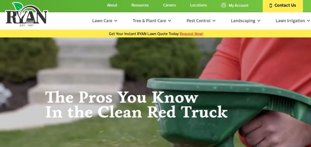 A team member in red applies lawn treatment near stone steps. "The Pros You Know In the Clean Red Truck." Ryan Lawn Care website.