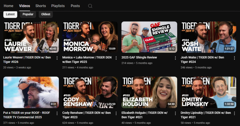 YouTube channel grid for "TIGER DEN w/ Ben Tiger" highlights expert YouTube Marketing tips for Home Service Companies.