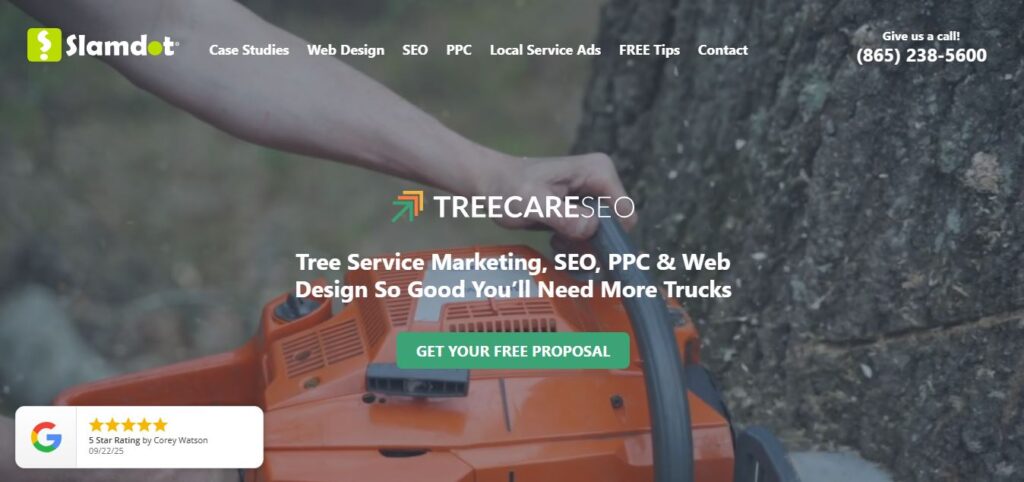 Close-up: hand on orange chainsaw by tree trunk. Slamdot branding, contact info, SEO call to action, Google 5-star review. 2025 guide.
