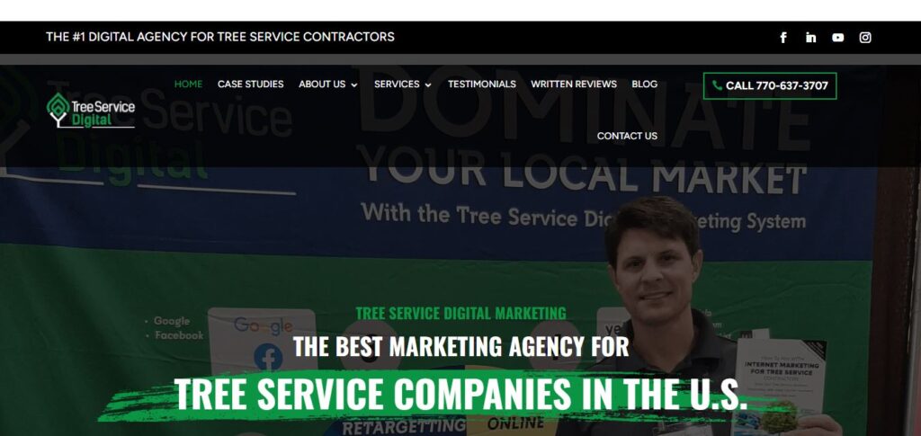Hook Agency’s homepage for Tree Service Digital highlights tree service marketing, with a green call button and top navigation.