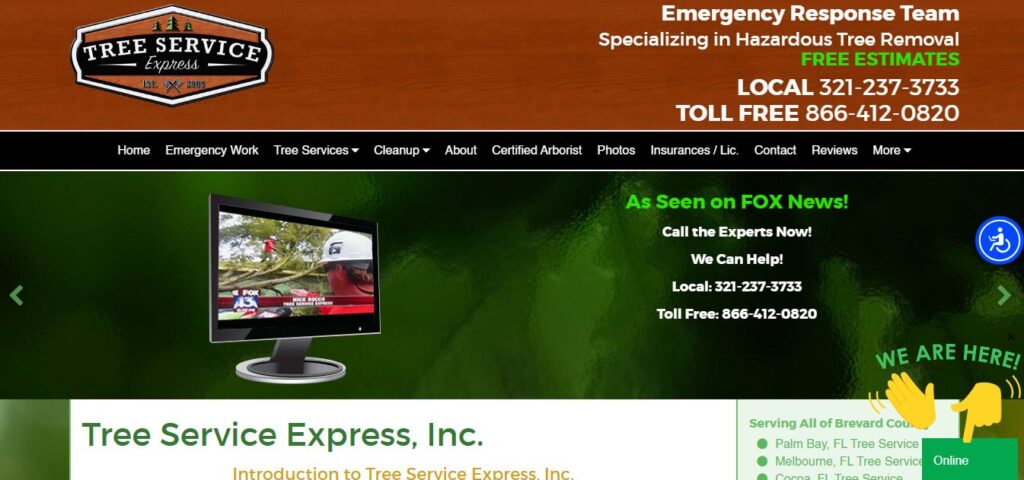 Screenshot of Tree Service Express site on Hook Agency's website—contact info, emergency response, TV feature, and clear navigation shown.