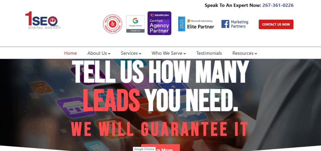 Screenshot of 1SEO Digital Agency’s site: logo, partner badges, contact, menu, and headline promising guaranteed leads.