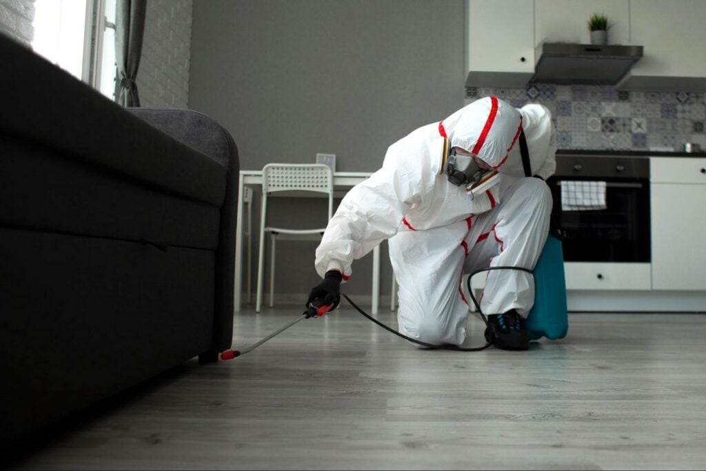 Professional in full protective gear disinfects a modern kitchen, demonstrating top-tier pest control service standards.