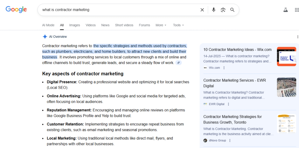 A Google search for "what is contractor marketing" displays a featured snippet on client-targeting strategies for contractors.