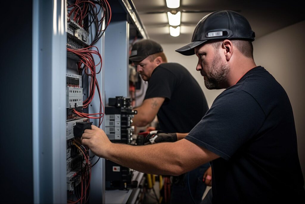 Two electricians in black shirts and caps expertly work on complex electrical panels with red and black wires in a bright workspace.