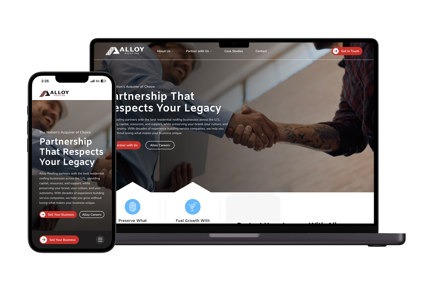 Hook Agency's homepage on smartphone and laptop, headline reads "Partnership That Respects Your Legacy" above handshake image.