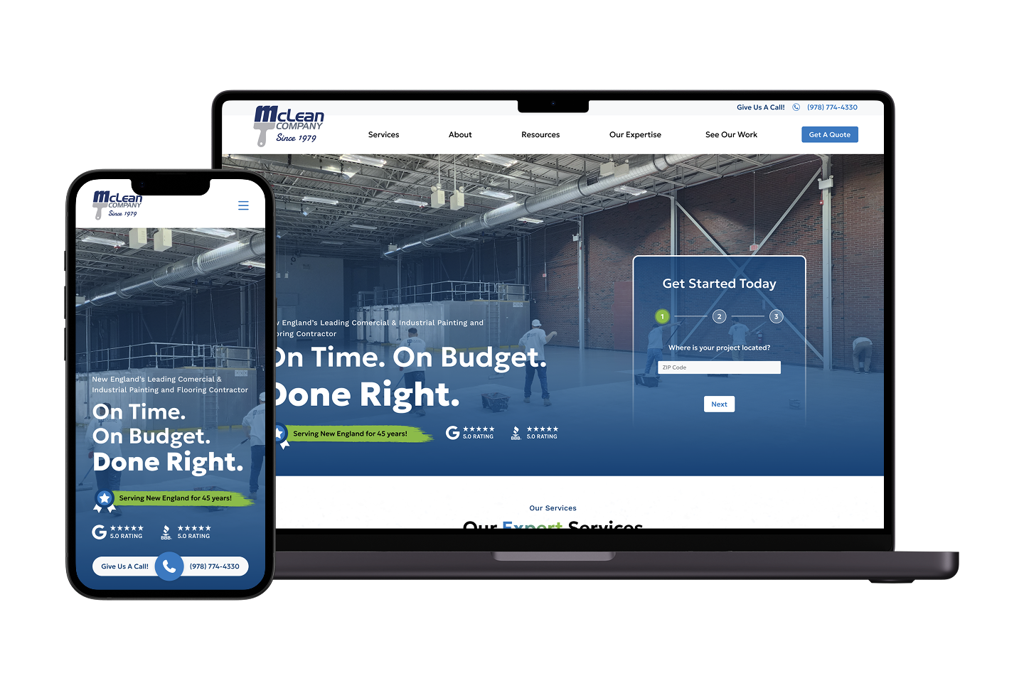 Smartphone and laptop show McClean site on Hook Agency's website with banner, CTA button, and an industrial worksite background.