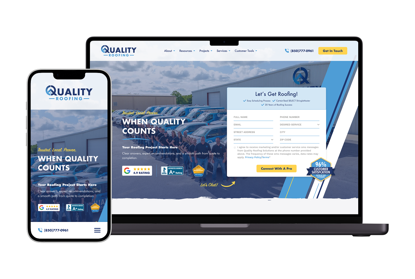 Laptop and smartphone show Quality Roofing's homepage with header, contact form, logo, and building background on Hook Agency site.