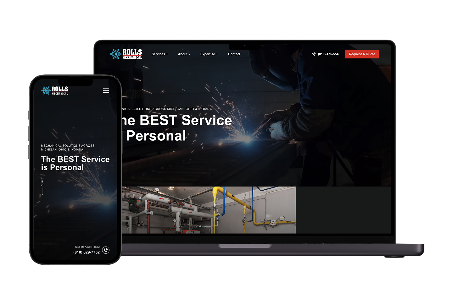 Smartphone and laptop show Rolas Mechanical site: welder, logo, menu, slogan, "Request a Quote" button— Hook Agency portfolio.