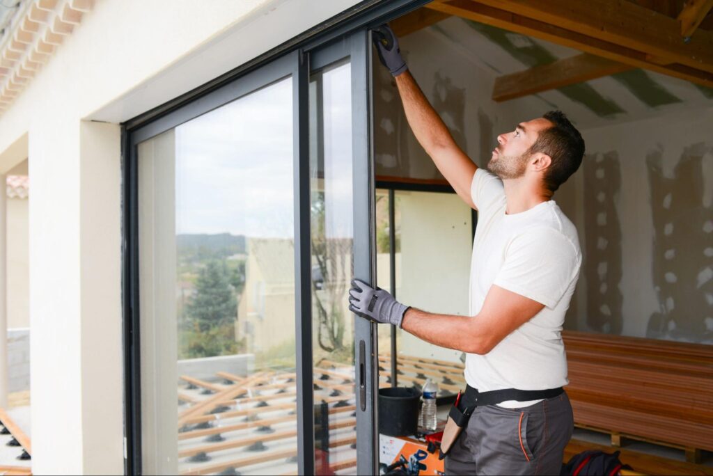Contractor installs sliding glass door in unfinished home with exposed beams—ideal visual for Hook Agency contractor marketing.