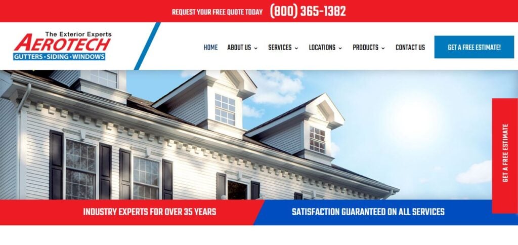Aerotech homepage on Hook Agency’s site shows a white-sided house, clear menu options, and prominent contact info.