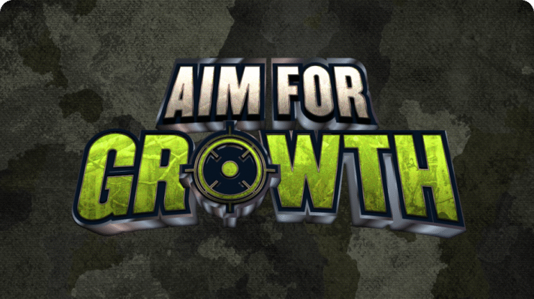 Text graphic: "Aim For Growth"—"Growth" in bold green, target symbol in “O,” on camouflage background; Hook Agency’s growth focus.