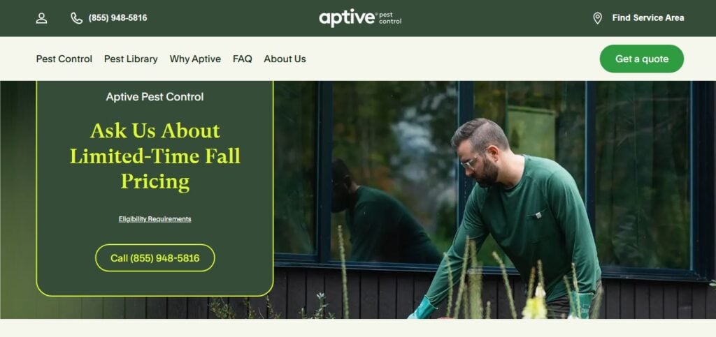 A man in a green shirt works with plants outside. Hook Agency site banner highlights Aptive Pest Control’s fall pricing and contact info.
