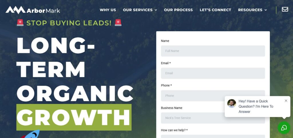 ArborMark homepage on Hook Agency: “Long-Term Organic Growth” headline, contact form right, chat popup for Tree Service PPC leads.