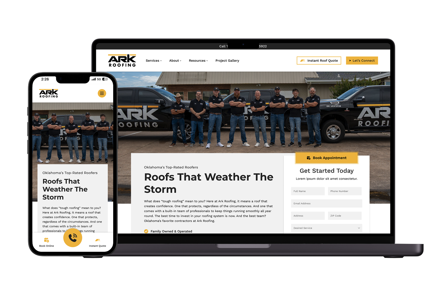 ARK Roofing website homepage shown on smartphone and laptop, featuring team photo, logo, menu, contact info, and call-to-action.