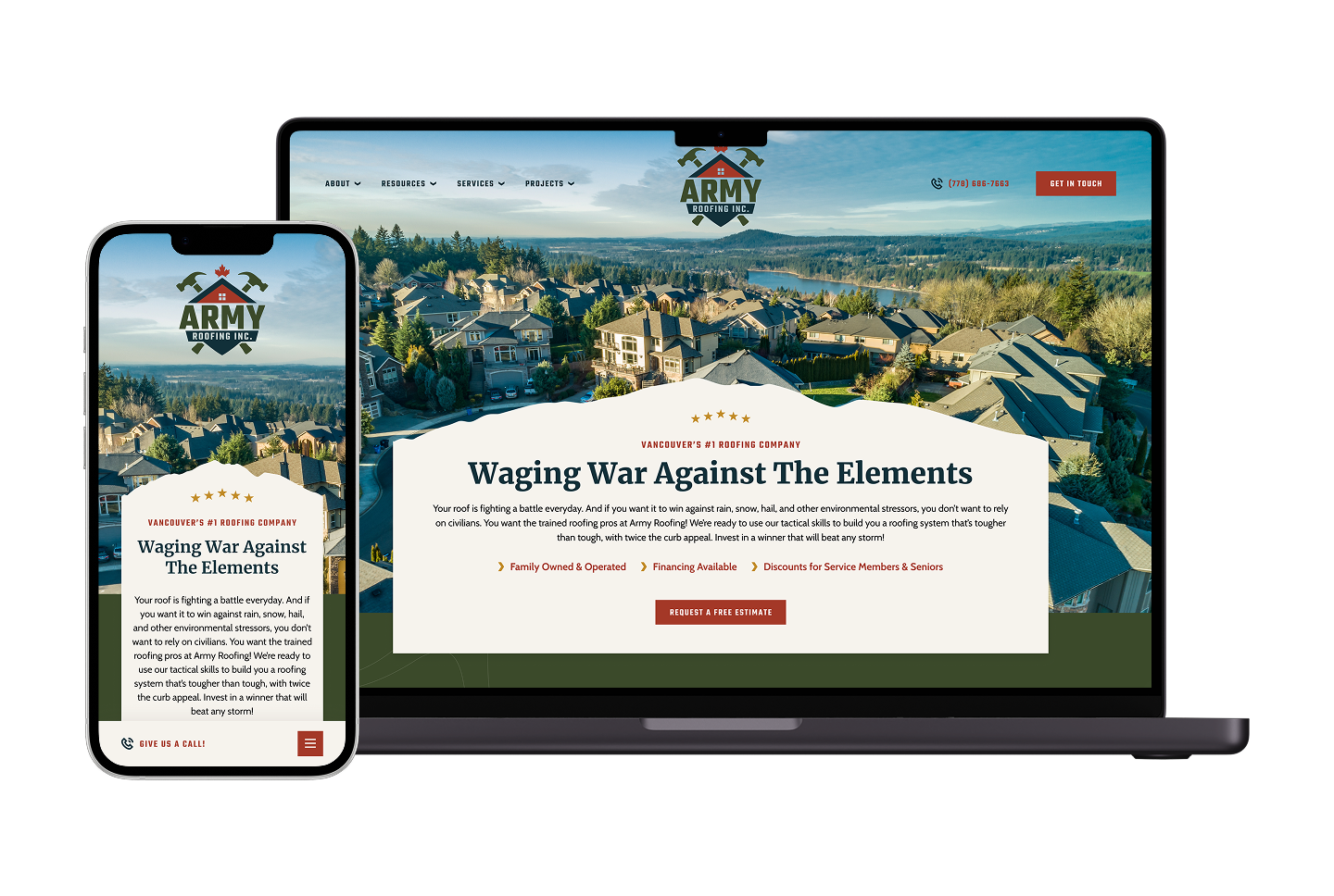 Laptop and smartphone show Army Roofing’s homepage on Hook Agency, with an aerial suburb view and bold “Waging War Against The Elements” headline.