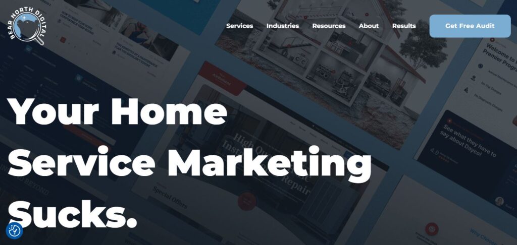 Hook Agency homepage with bold "Your Garage Door Marketing Sucks." over blue, screenshots, nav menu, and "Get Free Audit" button.