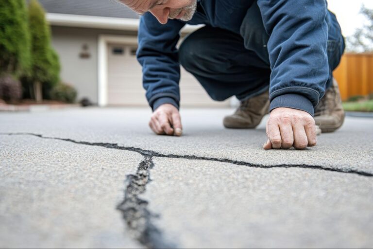 Professional in work attire examines a large driveway crack—Foundation Repair experts resolve issues like this for your home.