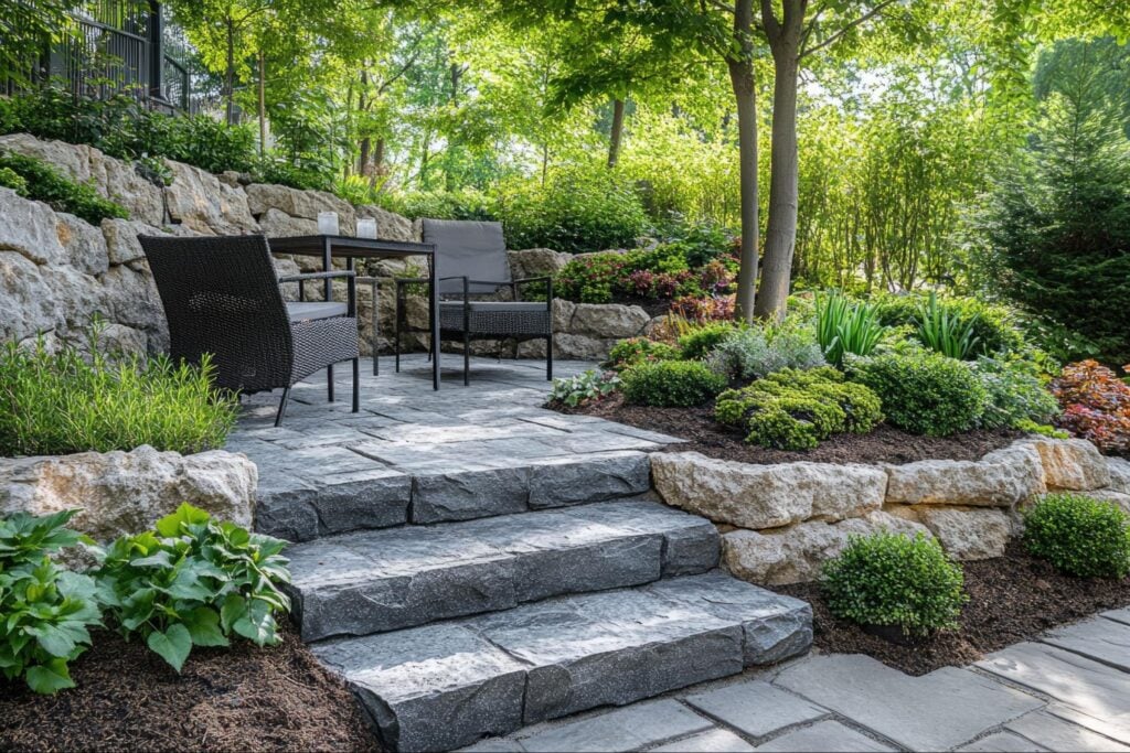 Showcase your outdoor space with expertly built stone steps, a patio set, lush greenery, and premium stone retaining walls.