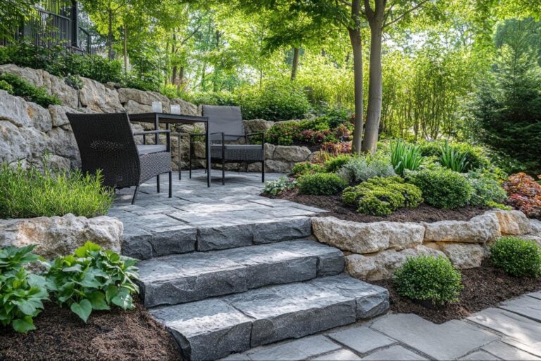 Showcase your outdoor space with expertly built stone steps, a patio set, lush greenery, and premium stone retaining walls.