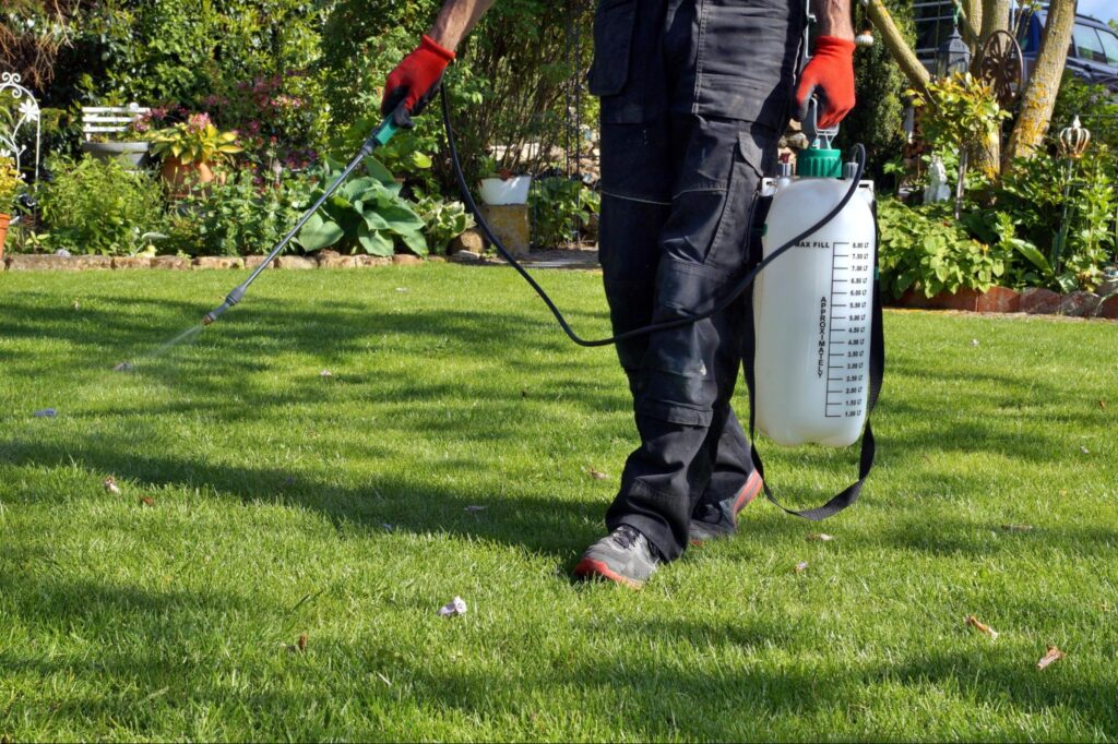 Professional applying pest control with a garden sprayer on a green lawn; lush U.S. garden plants and flowers in background.