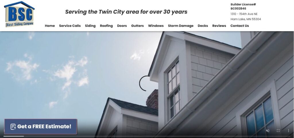 Close-up of house roof and siding with Best Siding Company site header, menu, and "Get a FREE Estimate!" button overlayed.