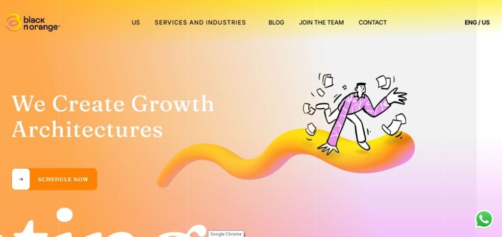 Hook Agency homepage with orange gradient, "We Create Growth Architectures," cartoon person, call-to-action, and main menu links.