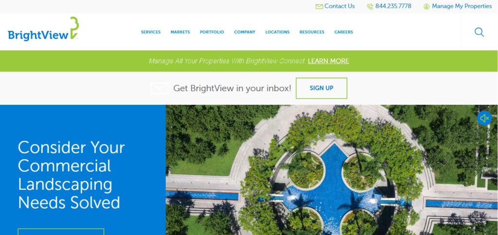 Screenshot of BrightView homepage on Hook Agency site with nav bar, sign-up banner, aerial gardens, and top U.S. hardscaping promo.