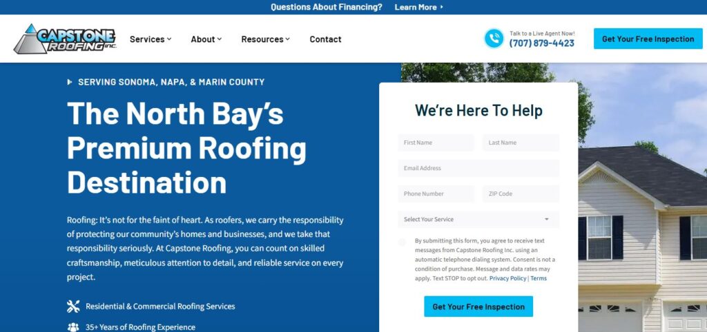 Capstone Roofing homepage, top contractor site 2025. Headline: "The North Bay’s Premium Roofing Destination." Contact form, phone number right.