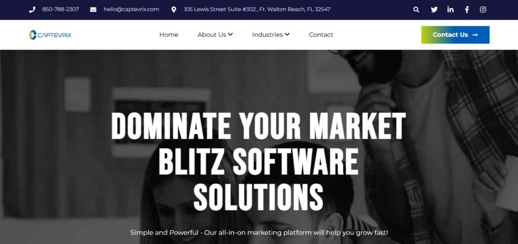 Hook Agency homepage with dark overlay, bold headline: "DOMINATE YOUR MARKET BLITZ SOFTWARE SOLUTIONS." Nav and contact top.