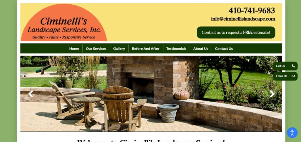 Homepage screenshot of Ciminelli’s Landscape Services with branding, contact details, menu, and patio—proven hardscaping leader.