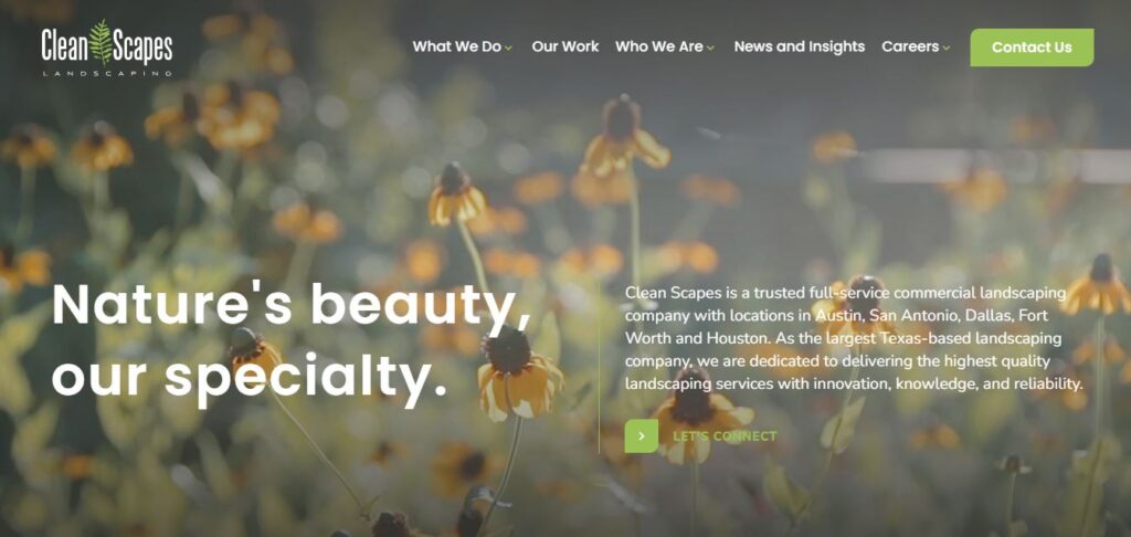 Clean Scapes Landscaping homepage on Hook Agency: blurred wildflowers, white “Nature’s beauty, our specialty” text, green Contact Us button.