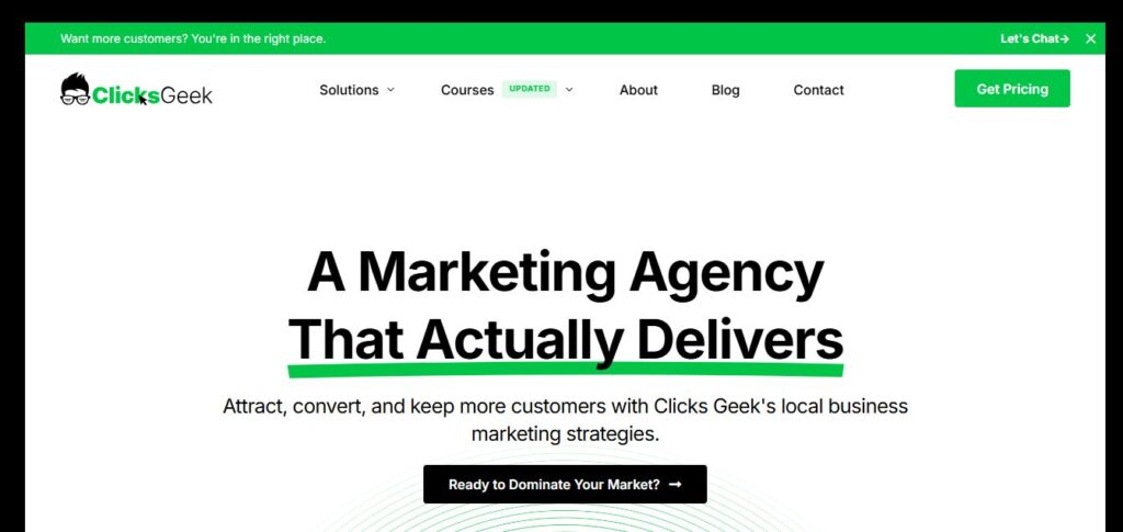 Screenshot of the Hook Agency homepage highlighting marketing expertise, main navigation, green "Get Pricing" button, and PPC promo text.