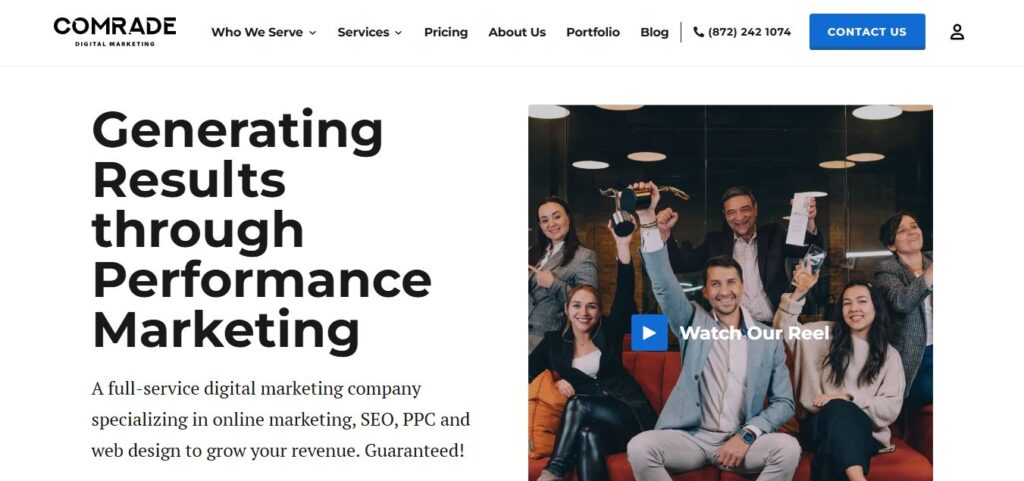 Hook Agency homepage screenshot: Headline "Generating Results through Performance Marketing." Team celebrates; "Watch Our Reel" button. Menu and contact info top.