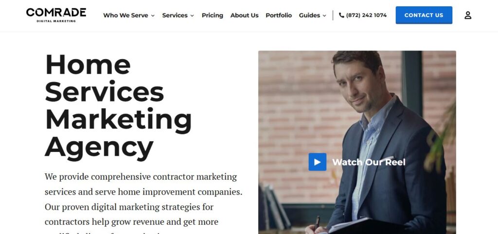 Hook Agency website homepage featuring a man by a window, with headline “Home Services Marketing Agency” and lead growth info.