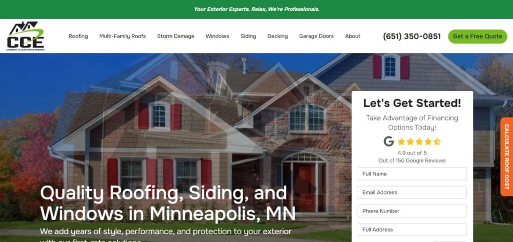 Screenshot of Hook Agency's website showing new siding, roofing, Minneapolis ranking, contact form, phone number, and free quote button.